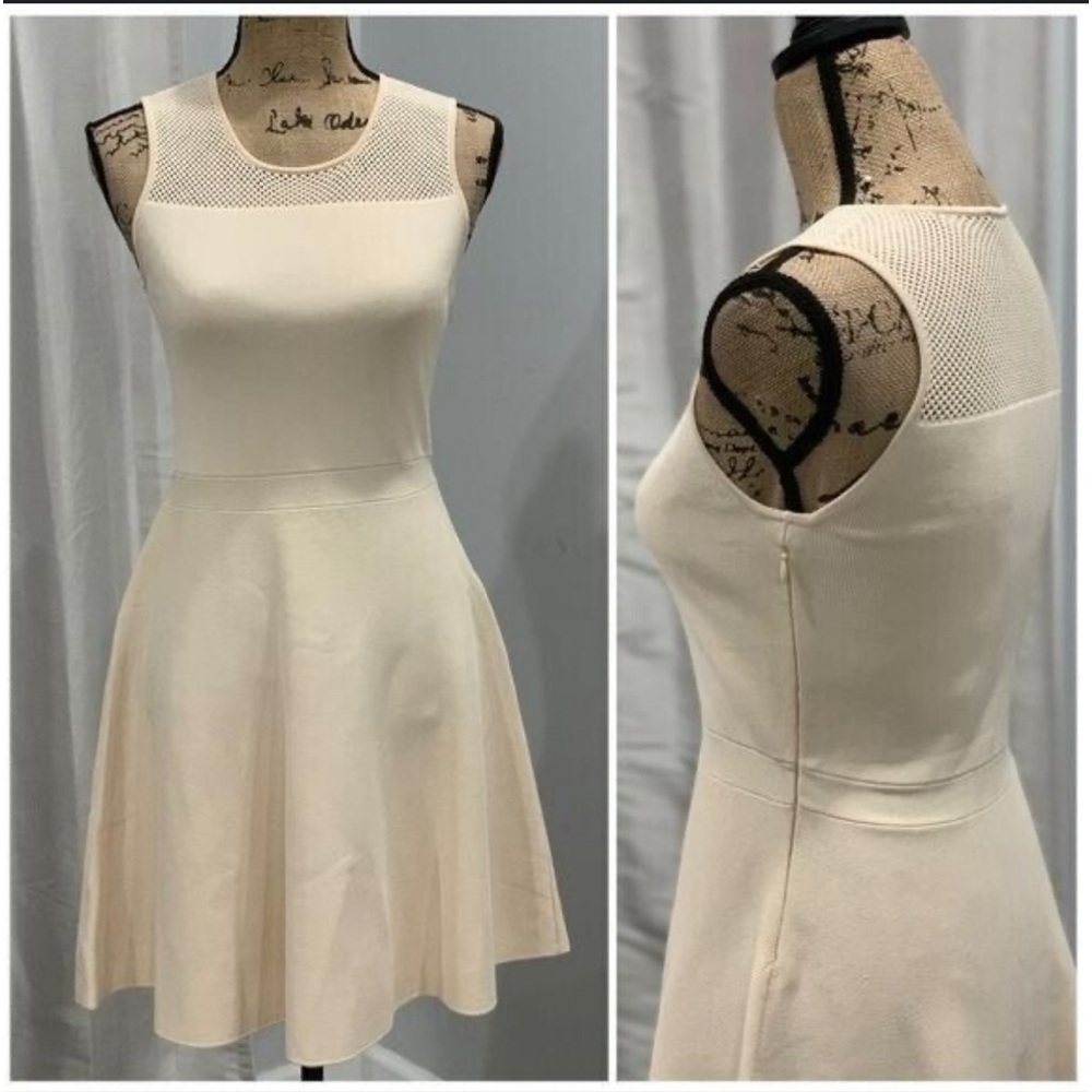 Ann Taylor black label cream crew neck mesh knit peplum dress size small